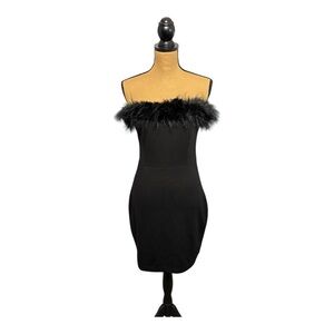 Y2K Venus Strapless Feather Trim Mini Cocktail Dress Women’s 8 Mob Wife Glam LBD